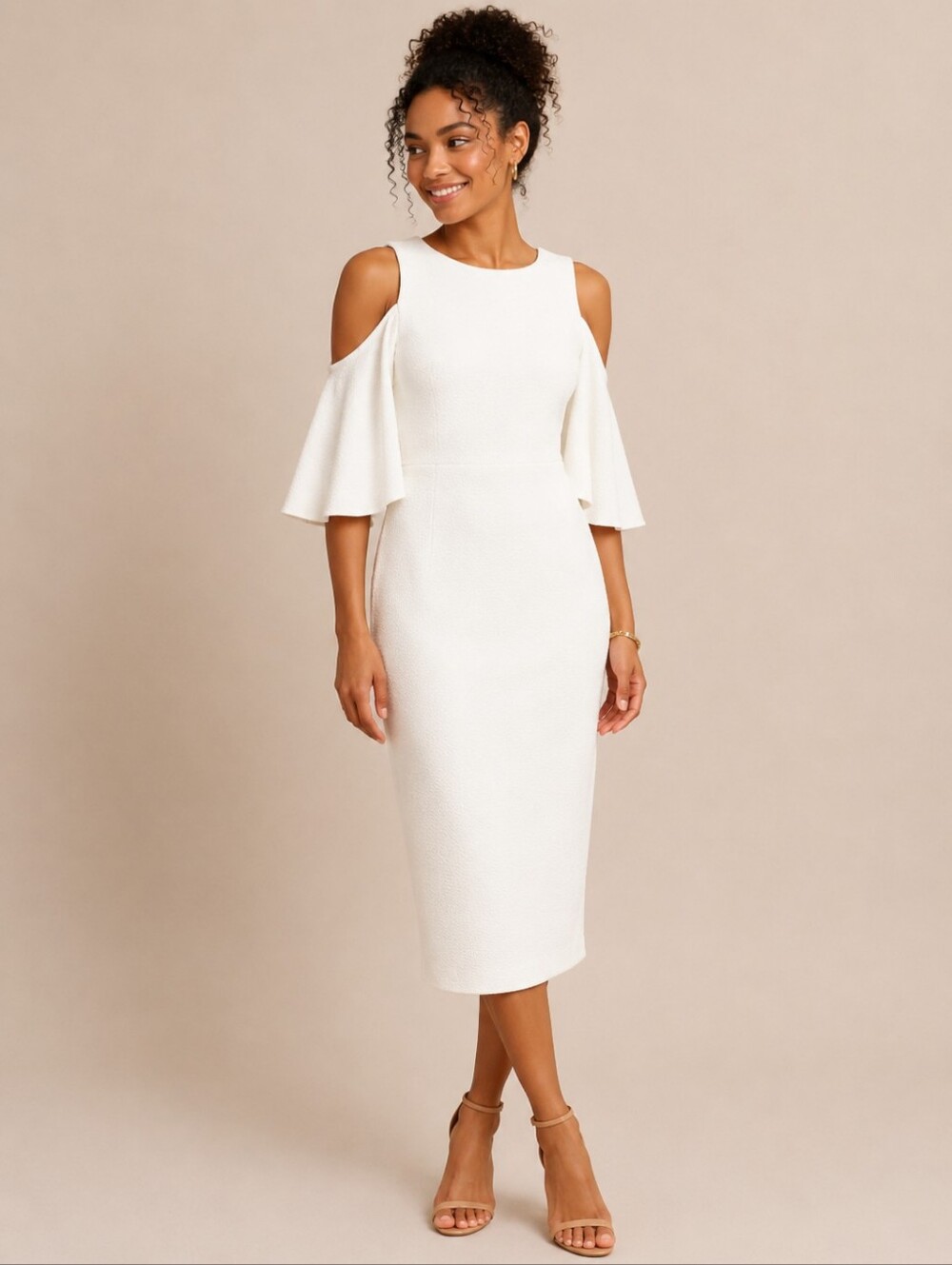 Black Halo Ivory Cold-Shoulder Textured Midi Dress